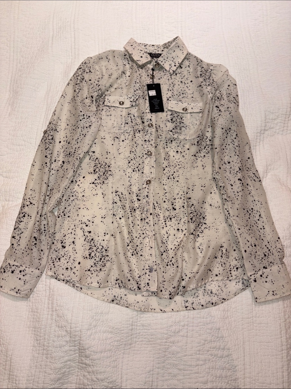 Woven Women’s Button-Down Shirt in White with Black Splatter
